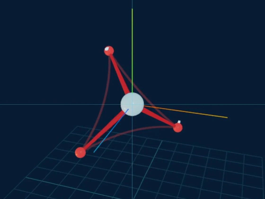 A three-branched W-state quantum sculpture suspended over a dark measurement grid.